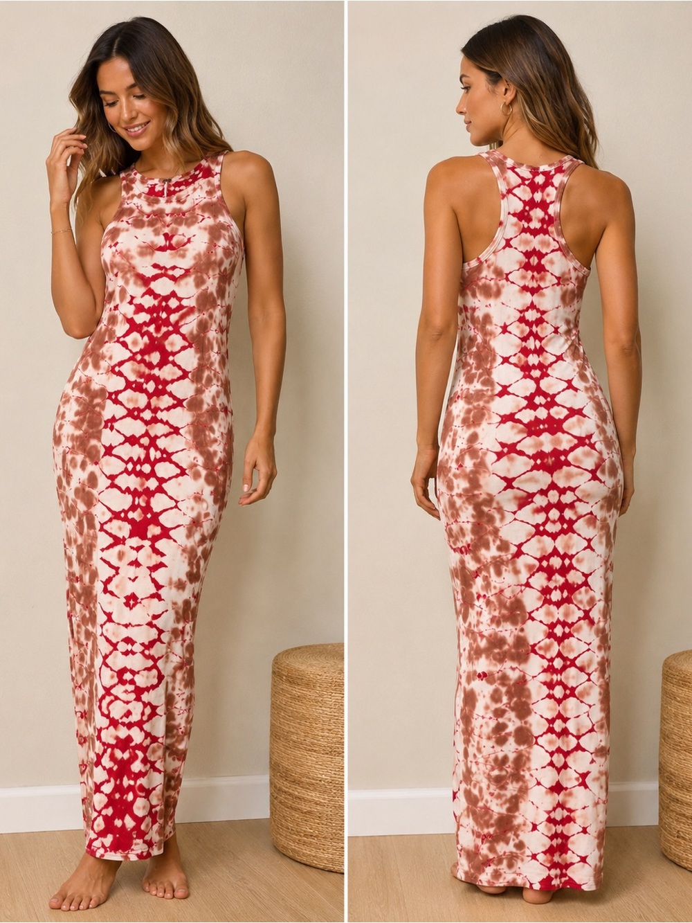 YFB Young Fabulous & Broke Tie Dye Ribbed Maxi Tank Dress Red Brown Size M